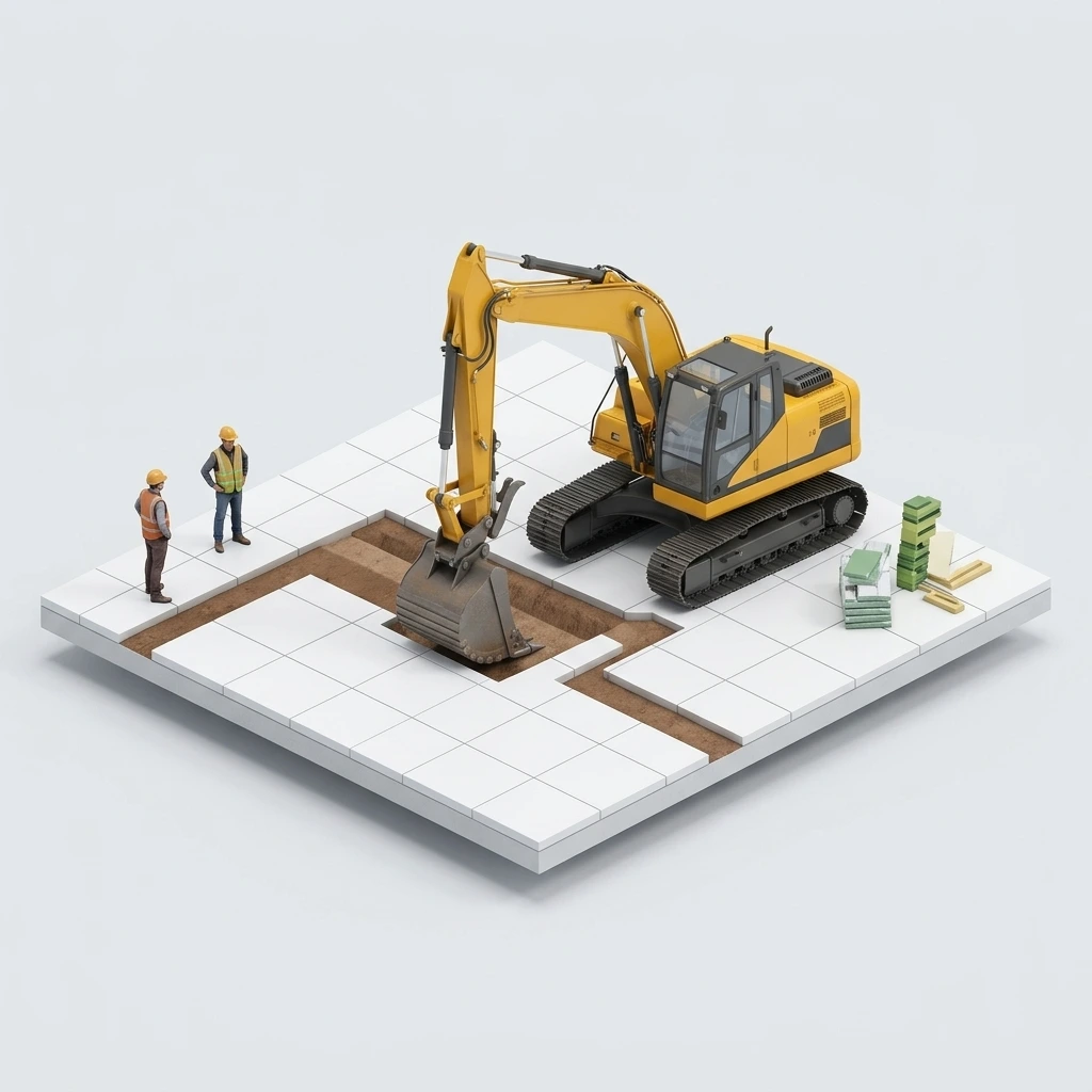 Fine-Work Isometric Excavator on Blueprint Pad